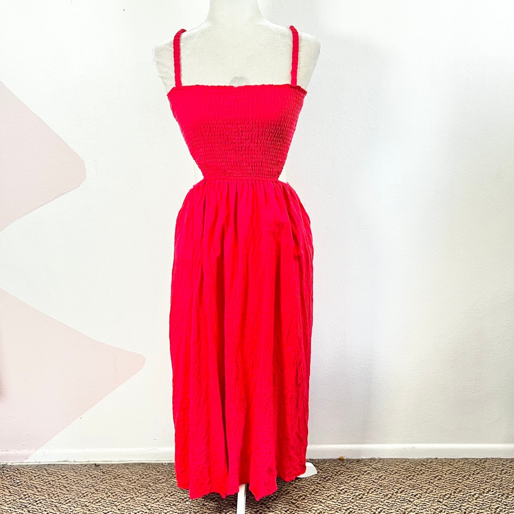 Seven Wonders Red Smocked Midi Dress Womens‎ Medium Pockets Beach Vacation